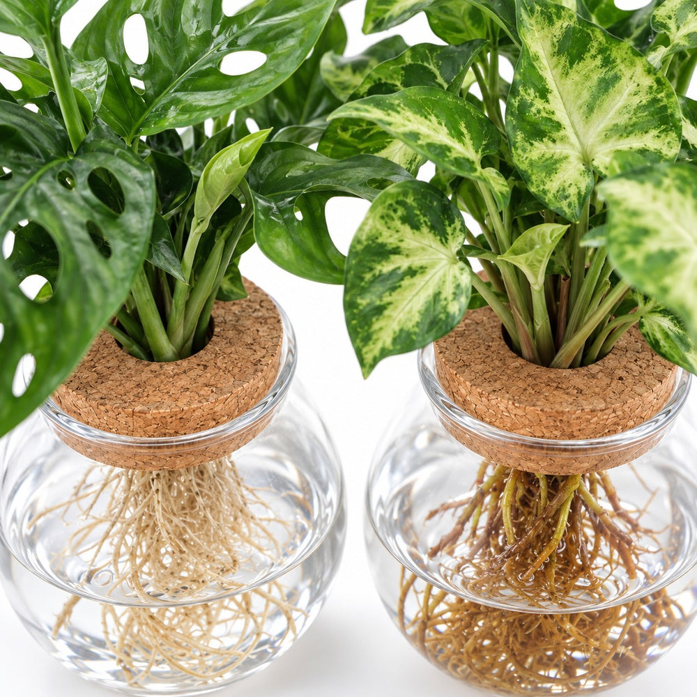 Bowlglas-Duo Monstera Adansonii/Syngonium Green, Nahaufnahme Wuchs und Triebansatz