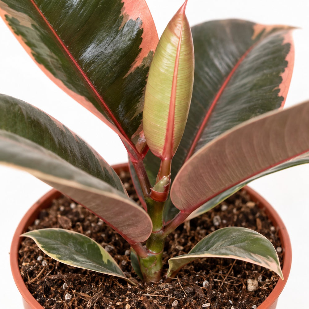 Ficus Elastica Belize (30cm, Ø12cm), Nahaufnahme Wuchs und Triebansatz