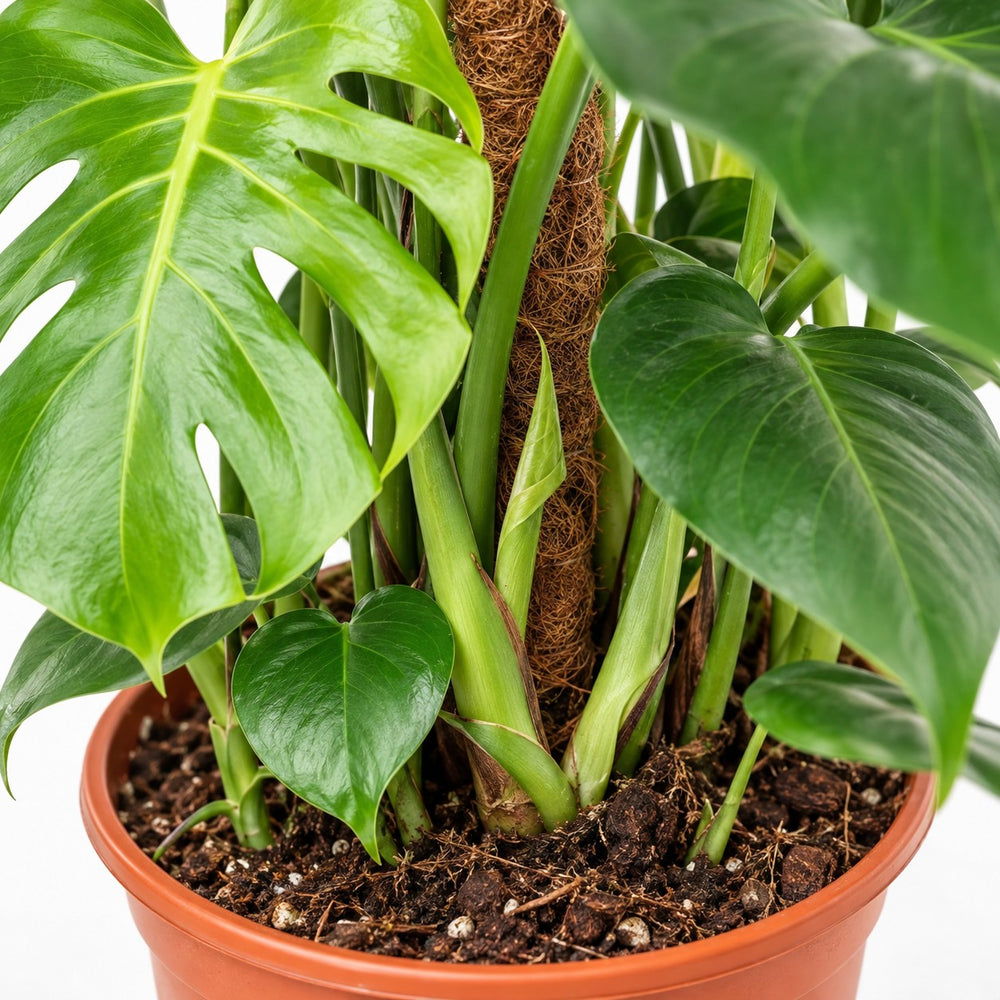 Monstera Deliciosa am Moosstab, Nahaufnahme Wuchs und Triebansatz